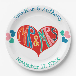 Mr and Mrs Colourful Heart Shape Wedding Paper Plate