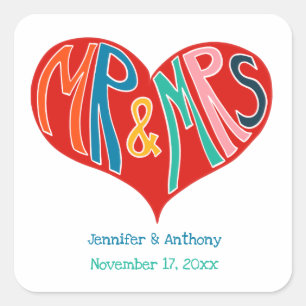 Mr and Mrs Colourful Red Heart Shape Wedding Square Sticker