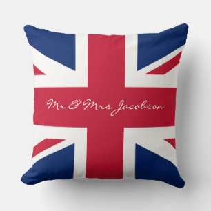 Mr and Mrs Custom Name Red White Blue UK Flag Cushion