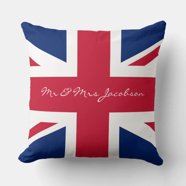 Mr and Mrs Custom Name Red White Blue UK Flag Cushion (Front)