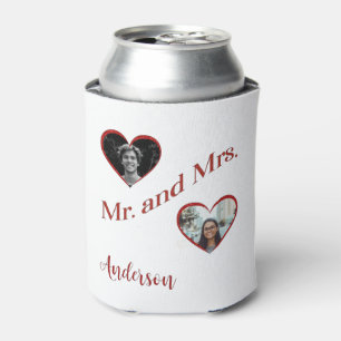 Mr. and Mrs. Custom Surname Photo Double Hearts  Can Cooler