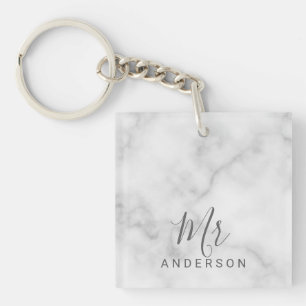 Mr and Mrs Elegant Marble Modern Script Wedding Key Ring