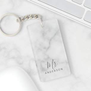 Mr and Mrs   Elegant Marble Modern Script Wedding Key Ring