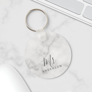 Mr and Mrs Elegant Marble Modern Script Wedding Key Ring