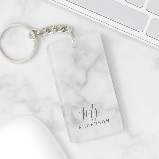 Mr and Mrs | Elegant Marble Modern Script Wedding Key Ring (Creator Uploaded)