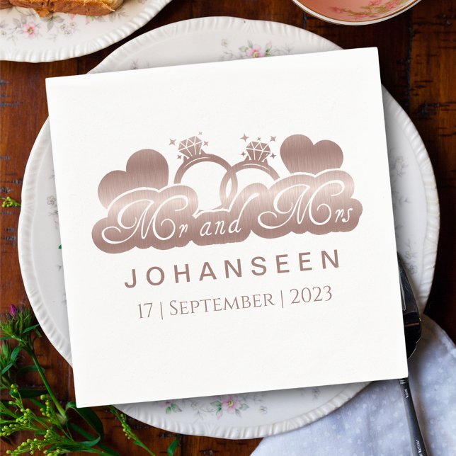 Mr and Mrs Elegant Rose Gold Foil Hearts Weddings  Napkin (Creator Uploaded)