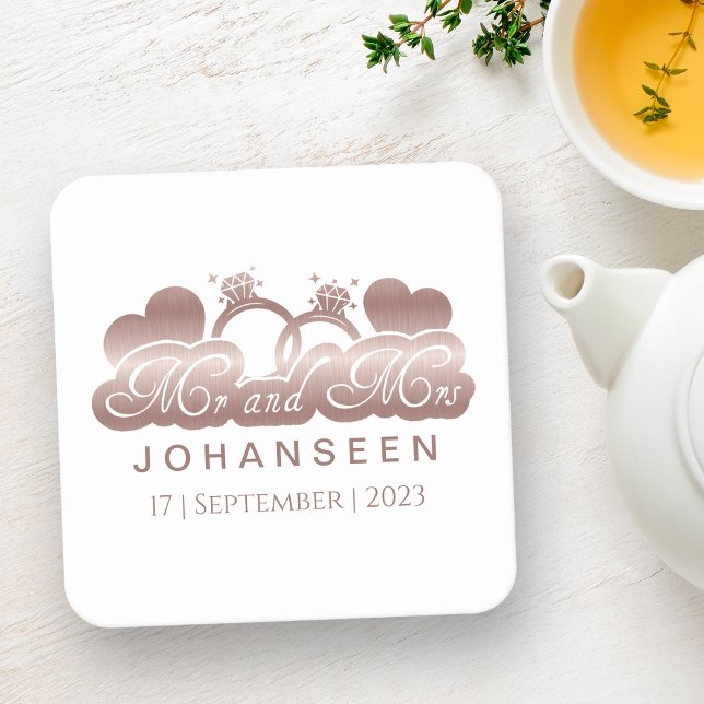 Mr and Mrs Elegant Rose Gold Hearts Wedding Favour Square Paper Coaster (Creator Uploaded)