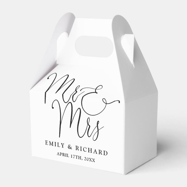 Mr And Mrs Elegant Script Black And White Wedding Favour Box (Front Side)