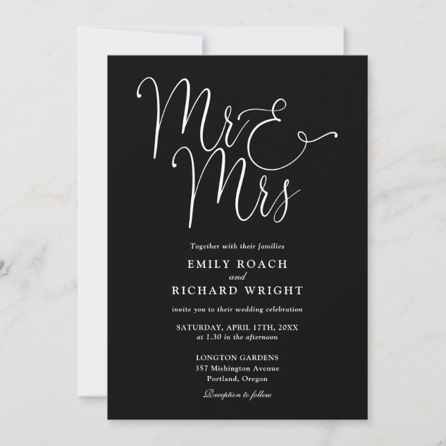 Mr And Mrs Elegant Script Black And White Wedding Invitation (Front)