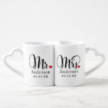 Mr and Mrs Elegant Script Custom Wedding Monogram Coffee Mug Set<br><div class="desc">Personalised monogram coffee mugs make a unique wedding gift for the new Mr and Mrs! This elegant design features black calligraphy script writing,  a red heart accent,  and custom text that can be personalised with the newlywed couple's married last name and wedding date.</div>