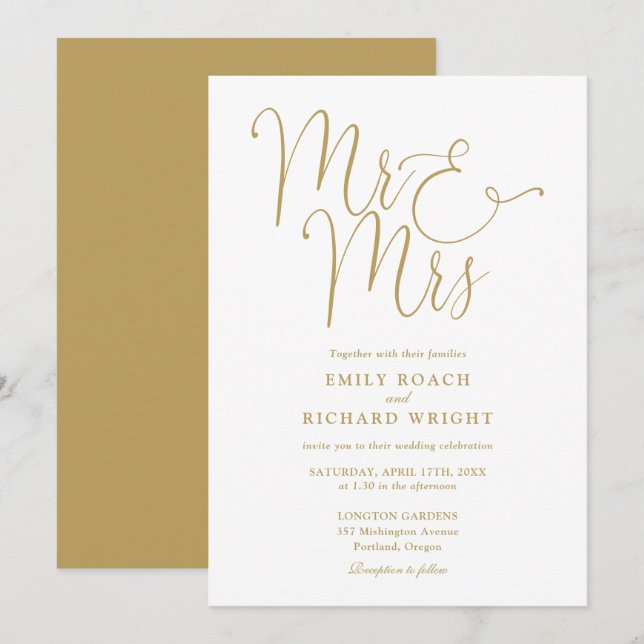 Mr And Mrs Elegant Script Gold Wedding Invitation (Front/Back)