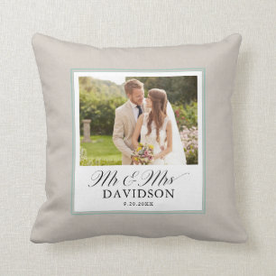 Mr and Mrs Elegant Script Teal Photo Newlywed Cushion