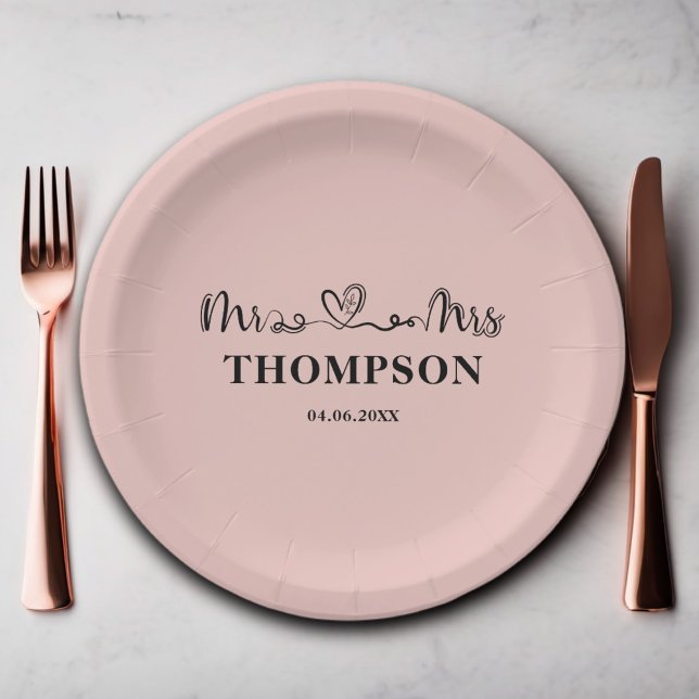Mr and Mrs Elegant Simple | Rose Gold Paper Plate (Creator Uploaded)