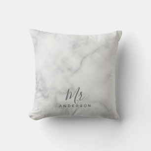 Mr and Mrs   Elegant White Marble Modern Script Cushion