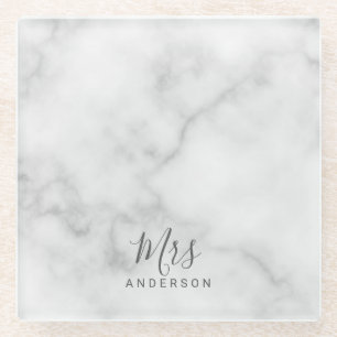 Mr and Mrs Elegant White Marble Modern Script Glass Coaster