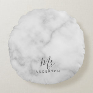 Mr and Mrs Elegant White Marble Modern Script Round Cushion