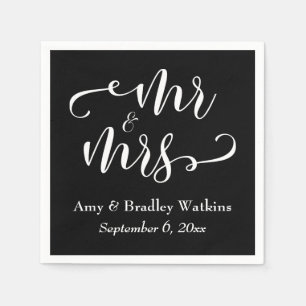 "Mr and Mrs" Elegant White Script on Black Wedding Napkin