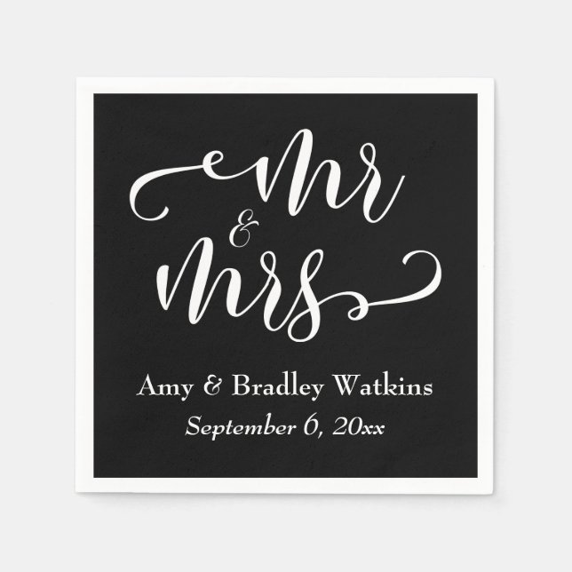 "Mr and Mrs" Elegant White Script on Black Wedding Napkin (Front)