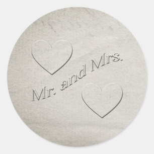 Mr and Mrs Embossed Design with Hearts Classic Round Sticker