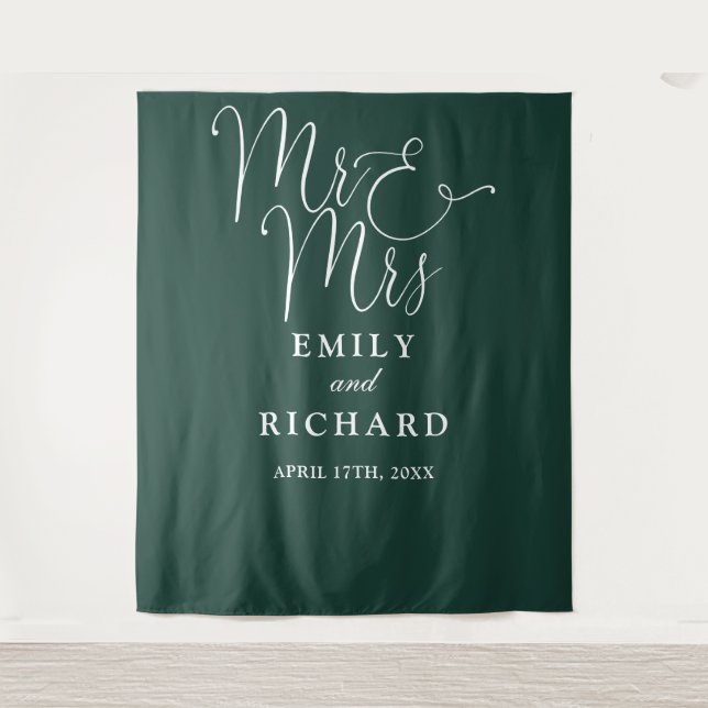 Mr And Mrs Emerald Wedding Photo Backdrop Tapestry (Front)
