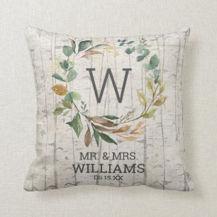 Mr. and Mrs. Eucalyptus Greenery Monogram Wedding Cushion