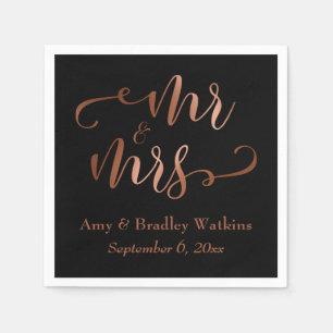 "Mr and Mrs" Faux Copper Script on Black, Wedding Napkin