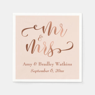 "Mr and Mrs" Faux Copper Script on Blush Pink Napkin