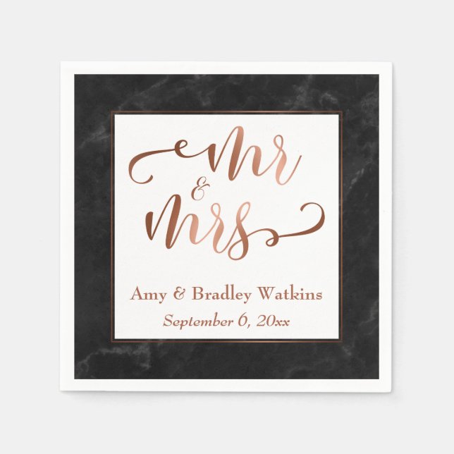 "Mr and Mrs" Faux Copper Script over Black Marble Napkin (Front)
