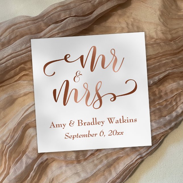 "Mr and Mrs" Faux Copper Typography Wedding Napkin (Creator Uploaded)
