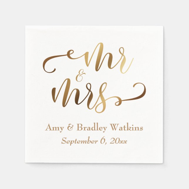 "Mr and Mrs" Faux Gold Foil Script on White Napkin (Front)