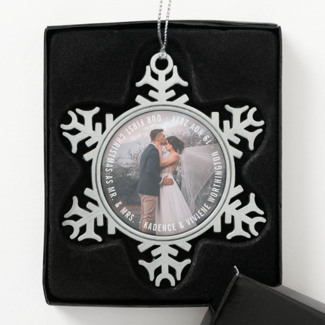 Mr And Mrs First Christmas Holiday Wedding Photo Snowflake Pewter Christmas Ornament (Box)