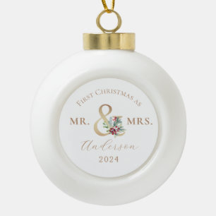 Mr and Mrs First Christmas Married Ceramic Ball Christmas Ornament