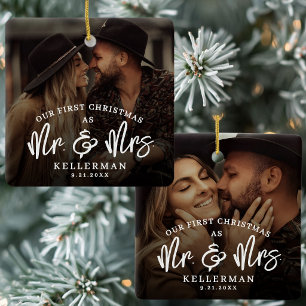 Mr And Mrs First Christmas Married Photo Ceramic Ornament