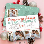 Mr And Mrs First Christmas Photo Collage Wedding Holiday Card<br><div class="desc">'Love, peace, joy, kisses. Our first Christmas as Mr. and Mrs.' colorful mix typography, holiday wedding announcement / 4 photo collage flat card. Designed / original artwork by fat*fa*tin. Easy to personalize with your own text message, name, year, photo, or image. More editing features are available on the 'edit design'...</div>