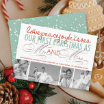 Mr And Mrs First Christmas Photo Collage Wedding Holiday Card<br><div class="desc">'Love, peace, joy, kisses. Our first Christmas as Mr. and Mrs.' colourful mix typography, holiday wedding announcement / 4 photo collage flat card. Designed / original artwork by fat*fa*tin. Easy to personalise with your own text message, name, year, photo, or image. More editing features are available on the 'edit design'...</div>