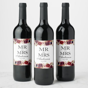 Mr. and Mrs. Floral Burgundy Wedding Wine Label
