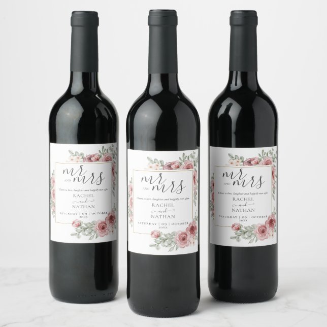 Mr And Mrs Floral Dusty Rose Cheers Wedding Wine Label (Bottles)