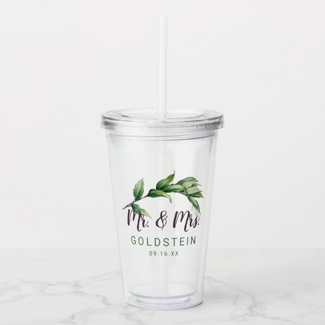 Mr and Mrs Foliage Personalised Date Acrylic Tumbler (Front)