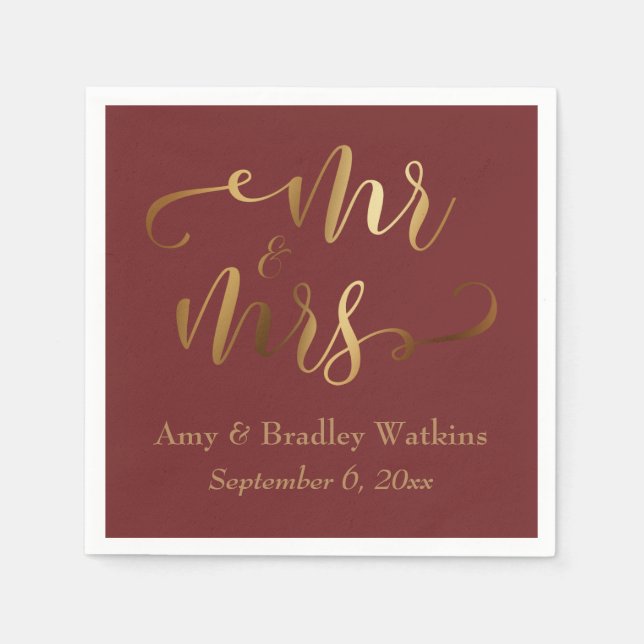 "Mr and Mrs" Gold Calligraphy on Burgundy Napkin (Front)
