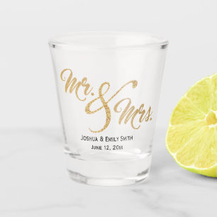 Mr and Mrs Gold Glitter Wedding Favour Gift Shot Glass