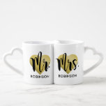 Mr and Mrs Gold Heart Custom Wedding Monogram Coffee Mug Set<br><div class="desc">Personalised monogram coffee mugs make a unique wedding gift for the new Mr and Mrs! This minimalist design features modern black script writing,  a gold heart background,  and custom text that can be personalised with the newlywed couple's married last name.</div>