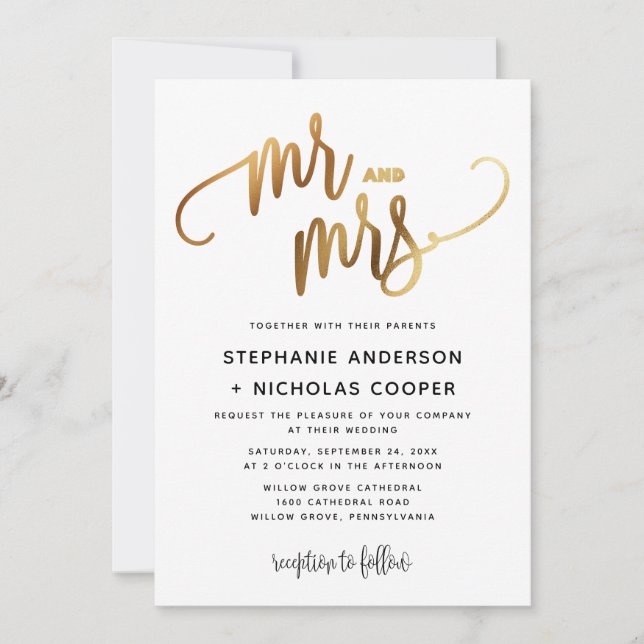 Mr and Mrs Gold Lovely Script Typography Wedding Invitation (Front)