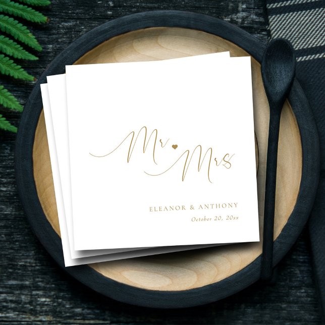 Mr and Mrs Gold Script Personalised Wedding Napkin (Elegant Gold Script Mr and Mrs Love Heart Wedding Napkins)