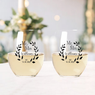 Mr And Mrs Greenery Anniversary Family Name Est Stemless Wine Glass
