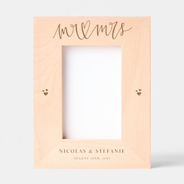 Mr. and Mrs. Heart Calligraphy Wedding Photo Etched Frames (Front)