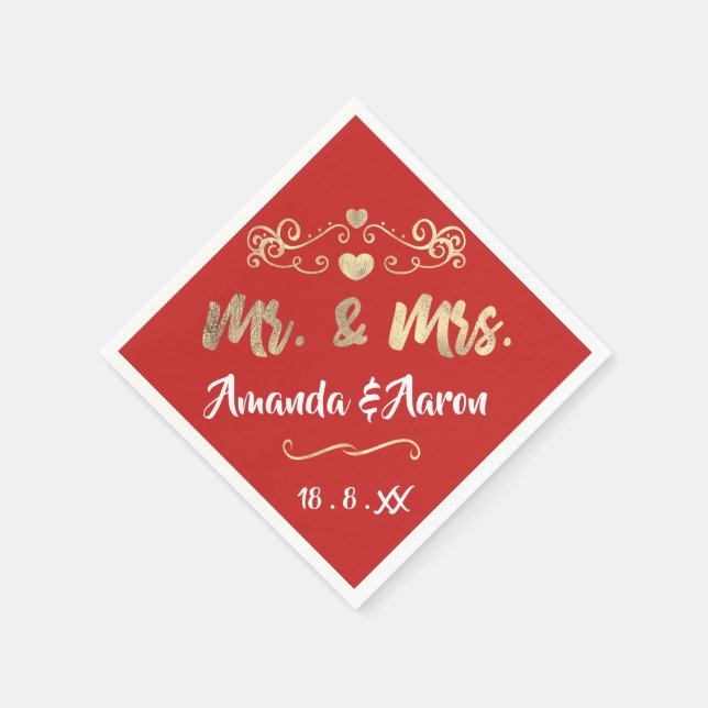 Mr. and Mrs. Heart Red Ruby Champaigne Gold Napkin (Corner)