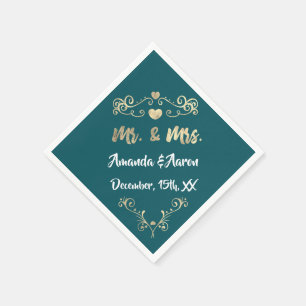Mr. and Mrs. Heart teal Aqua White Champaigne Gold Napkin