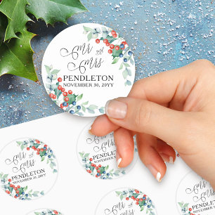 Mr and Mrs Holly and Berries Winter Wedding Classic Round Sticker