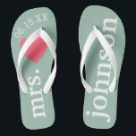 Mr. and Mrs. Honeymoon Heart - Teal pink Jandals<br><div class="desc">A perfect design for a beach wedding or for the honeymoon. Change the Mrs. to Mr. to make a coordinating pair. Custom text with solid pink background.</div>