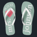 Mr. and Mrs. Honeymoon Heart - Teal pink Jandals<br><div class="desc">A perfect design for a beach wedding or for the honeymoon. Change the Mrs. to Mr. to make a coordinating pair. Custom text with solid pink background.</div>